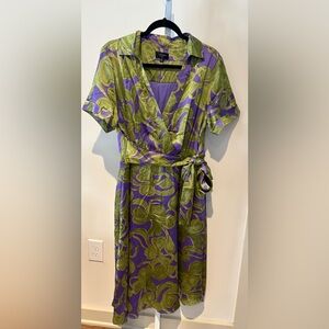 Tahari ASL floral print wrap dress in a green and purple pattern.